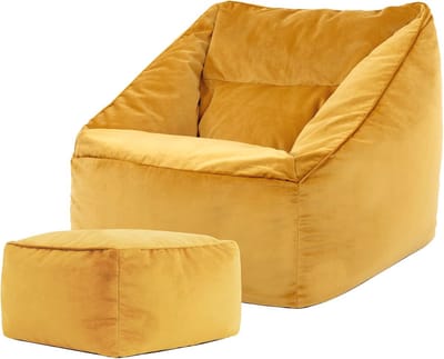 Zitzak fauteuil met hocker - Geel fluweel - Zitzak voor volwassenen - Zitzak woonkamer