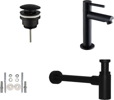H&F Toiletkraan Set Mat Zwart Rond – Wastafelkraan met Afvoerplug & Design Sifon – Moderne Fonteinkraan