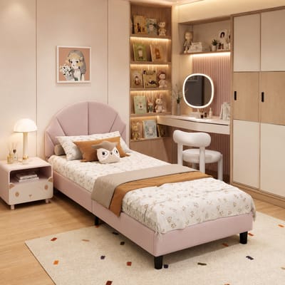 Gestoffeerd kinderbed 90x190 cm – Eenpersoonsbed voor meisjes – Bedframe met in hoogte verstelbaar hoofdbord en lattenbodem – Fluweel - Roze (matras niet inbegrepen)