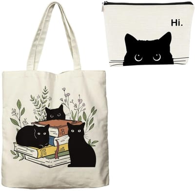 1 Stuk Zwarte Kat Canvas Tas En 1 Stuk Clutch Tas, Kat Gedrukte Canvas Boodschappentas, Draagbare Kleine Rits Tas, Dagelijkse Boodschappen En Vrije Tijd Collocatie.