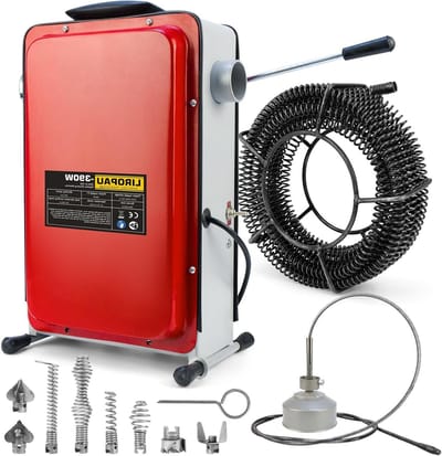 Krachtige elektrische buisreiniger 390 W met FI-schakelaar voor Ø 20-100 mm leidingen, inclusief spiralen van 8 mm, 10 m en 16 mm, 14.5 m - ideaal voor efficiënte afvoerreiniging en verstoppingen verwijderen