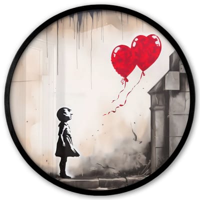 Poster in lijst Rond - Fotolijst 40x40 cm - Posters - Kunst - Meisje - Ballonnen - Hart - Grijs - Ronde posterlijst zwart - Decoratie - Wanddecoratie woonkamer - Muurdecoratie slaapkamer