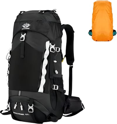 CarryQuest® - 60L Hiking Backpack - Nylon Outdoor Rugzak 72x25x34 cm met Capaciteitsuitbreiding, Regenhoes, Drinksysteem, Rugventilatie & Front-/Toploader - Zwart