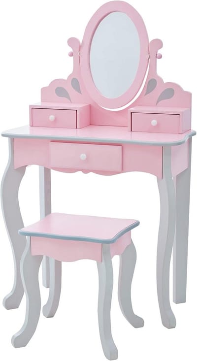 Houten Kaptafel Set voor Kinderen - Roze/Grijs - Tafel en Stoel voor Meisjes