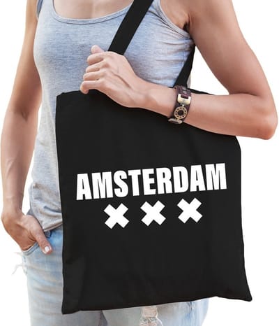 Katoenen Holland/wereldstad tasje Amsterdam zwart - 10 liter - steden cadeautas