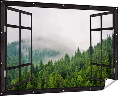 Gards Tuinposter Doorkijk Groen Bos met Bomen tijdens de Mist - 180x120 cm - Tuindoek - Tuindecoratie - Wanddecoratie buiten - Tuinschilderij