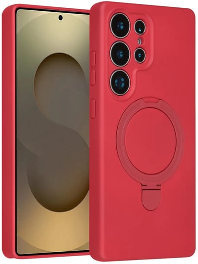 Backcover Hoesje Geschikt voor: Samsung Galaxy S24 Ultra Volledig Dekkende Schokbestendige Siliconen Backcover met Ringstandaard – 360° Bescherming - Cherry Red