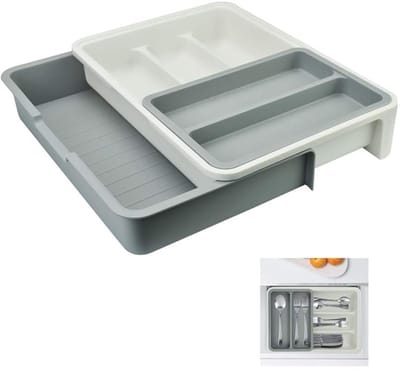 Allecto - Besteklade organizer - 3-in-1 uitbreidbare lade-inzetstukken - grijs/wit - 7 compartimenten - anti-slip eigenschappen - geschikt voor keu...