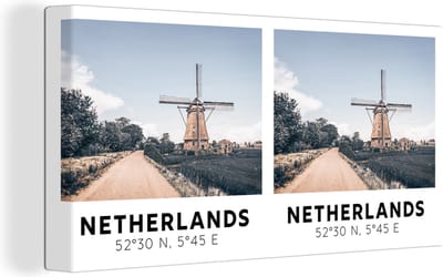 Canvas Schilderij Nederland - Windmolen - Vintage - Zomer - 40x20 cm - Wanddecoratie
