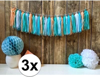 Kwast tassel slinger - 3x - 5 meter - pastel - 30 tassels - DIY - zelf in elkaar zetten - feest slingers