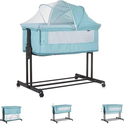 Chipolino Co-sleeper 2-in-1 Zen Playpen muggennet, matras, remwielen, turquoise