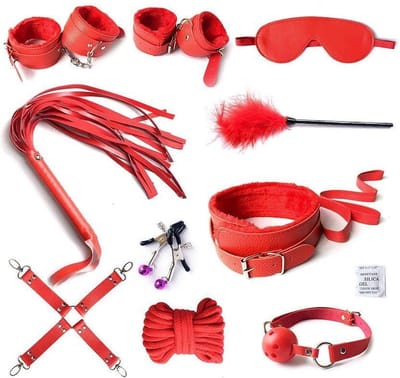 LOUZIR Bondageset | BDSM set | Bondage set | BDSM Toy set 10 delig | Luxe Sex Speeltjes Kit Met Tepelklemmen, halsband, handboeien, enkelboeien, bondage touw, masker en zweep & gag ball, bondageset ROOD