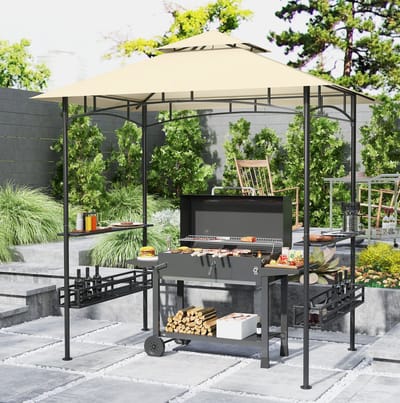 MIVRAY Barbecue Overkapping - Dubbel Dak Met UV Bescherming - 240 X 150 X 257 Cm - Staal - Beige - Voor Buiten Barbecue