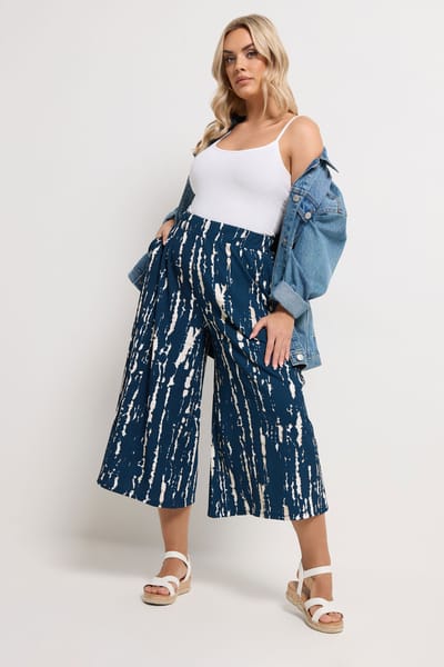 Yours Marineblauwe Abstracte Pullon Broek Met Wijde Pijpen Size 46