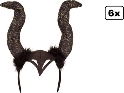 6x Diadeem black hoorns - zwart - Hoofddeksel haarband festival thema feest optocht heks halloween