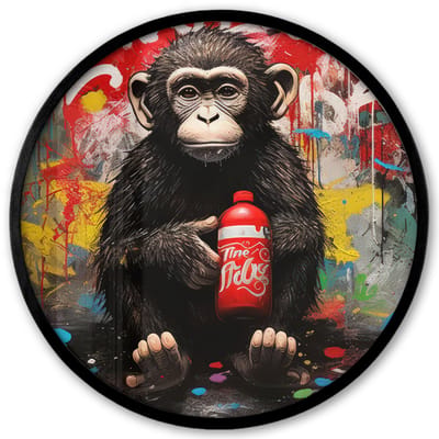 Poster in lijst Rond - Fotolijst 40x40 cm - Posters - Aap - Graffiti - Dieren - Kunst - Flesje - Kleuren - Ronde posterlijst zwart - Decoratie - Wanddecoratie woonkamer - Muurdecoratie slaapkamer