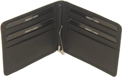 OI zwarte lederen billfold met Dollarclip / portemonnee met geldklem en ruimte voor creditcards / platte heren beurs met dollarclip en pasjesvakjes / anti skim / zwart / 170