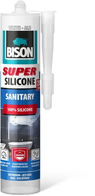 BISON Super Sanitair Siliconenkit Wit 280 ml - Schimmelwerende Siliconenkit - Waterdichte Kit Voor Badkamer, Douche, Keuken en Toilet - UV-Bestendig - Cartridge [B17047]