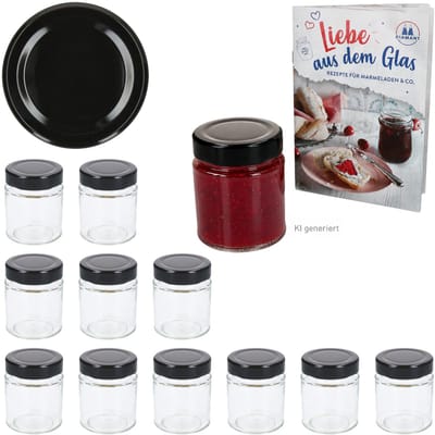 12-delige set jamfles / hoge randfles 161 ml Deep TO 58 (DTO) zwarte deksel inclusief receptenboekje