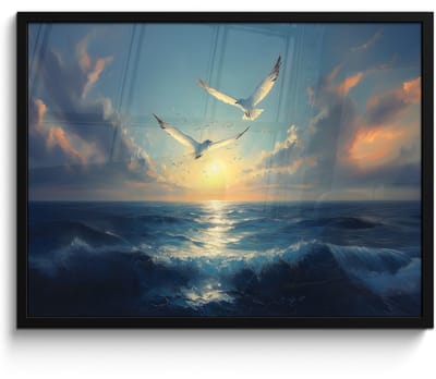 Poster in lijst - Fotolijst 70x50 cm - Posters - Meeuwen - Zee - Wolken -Blauw - Posterlijst zwart - Decoratie - Wanddecoratie woonkamer - Muurdecoratie slaapkamer