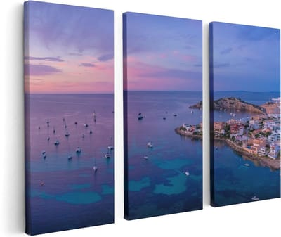 Artaza Canvas Schilderij Drieluik Ibiza met Boten op het Water bij Zonsopgang - 120x80 - Foto Op Canvas - Canvas Print