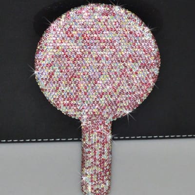 1 stuks Draagbare Kristal Strass Handspiegel, Met Strass Bezette ABS Schoonheids Handgreep Make-up Spiegel, Bling Bling Prinsessen Spiegel voor Make-up Bijwerken Pink Round
