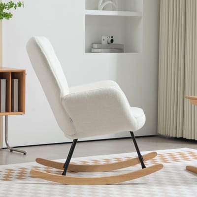 Schommelstoel – Gevloerde Berberstof, Met Armleuningen, Gestoffeerde Zitting op Houten Scharnieren, Relaxfauteuil voor Woon- & Slaapkamer, Tot 120 kg, Wit