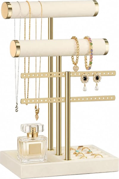 Sieraden organizer met 3 niveaus, Beige sieradenstandaard, armbanden, afneembare T-brug, fluwelen armbandhouder, sieradenhouder voor armband, halsketting, horloges, ringen