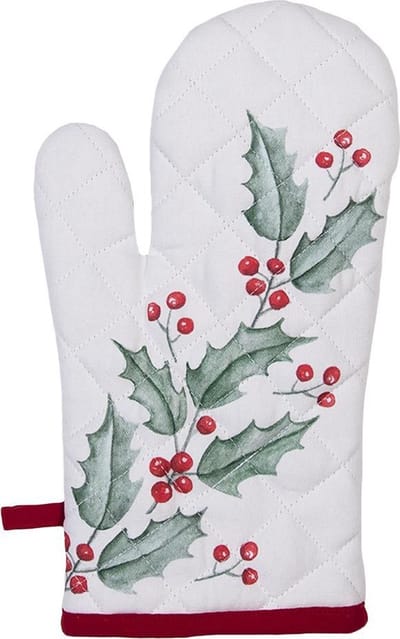 Clayre & Eef Ovenwant 18x30 cm Wit Rood Katoen Hulstbladeren Ovenhandschoen