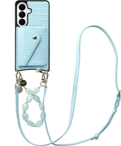 AVY Leren Hoesje geschikt voor Samsung Galaxy S26 | Met Koord en Kaarthouder | Compatibel met MagSafe | Leather Case met Polsand & Crossbody Koord & Wallet | Rocher Leather Set | Croco Blauw