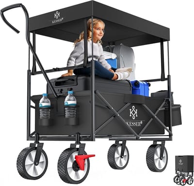 Opvouwbare Bolderwagen tot 100 kg | Transportkar met Massieve Banden en Voorwielrem | Strandkar met Opbergtas en Beschermhoes
