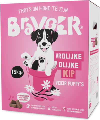 Bravoer Vrolijke Olijke Kip voor Puppy's - Hondenvoer - 15 kilo