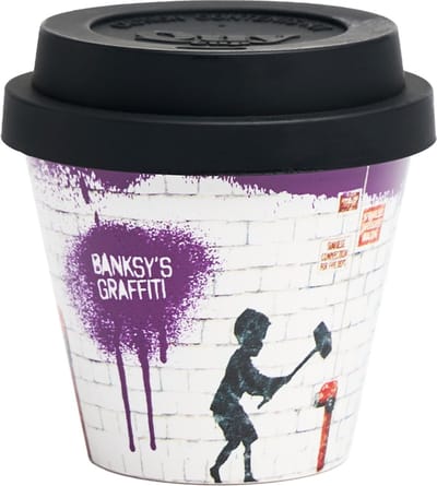 Quy Cup - 90ml Ecologische Espresso Reisbeker - De originele Banksy's Graffiti "Hammer Boy" met zwart Siliconen deksel 7x7x7cm