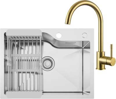 CECIPA max Spoelbak Keuken 60x45CM - Spoelbakken met Afdruiprek - Enkele spoelbak Met Goud Keukenkraan - Incl. Sifon en Afvoerzeefje - RVS