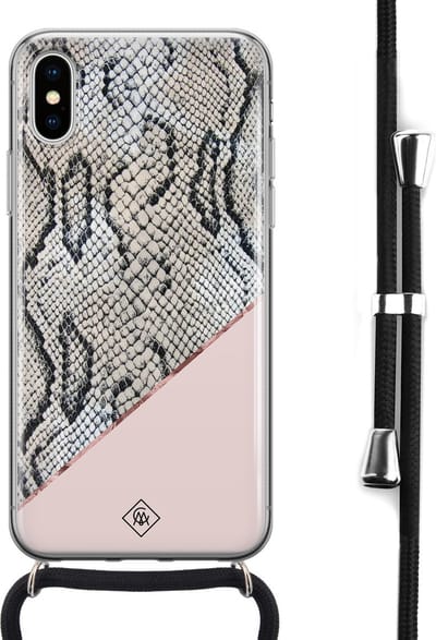 Casimoda® hoesje met koord - Geschikt voor iPhone Xs - Snake Print Roze - Afneembaar koord - Siliconen/TPU - Roze