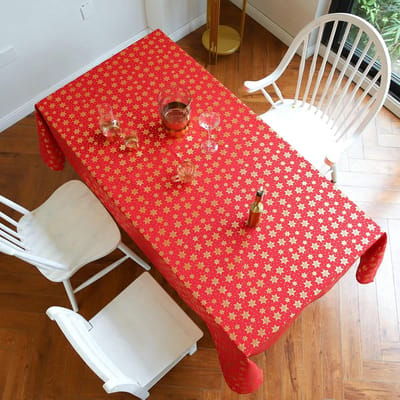 Linnen Tafelkleed - Kerst Tafelkleed - Dineren Buiten - Sneeuwvlok Motief - 140x260cm - Rood Goud