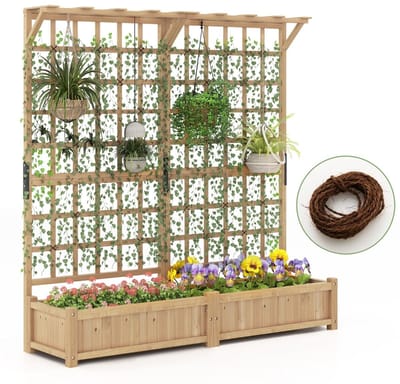 Plantenbak met klimrek - Bloembak - Weerbestendig - Met trellis - Buiten - Plantenrek - Rechthoekig - Naturel