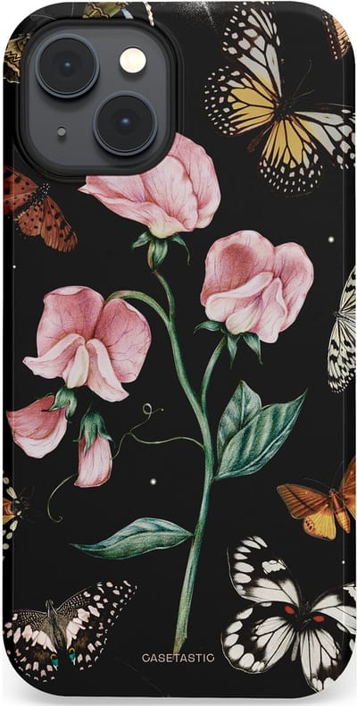 Casetastic hoesje geschikt voor Apple iPhone 14 Plus - MagSafe - Dubbellaagse bescherming - Vleugels en bloemen - Fashion Case - Zwart Grijs Taupe