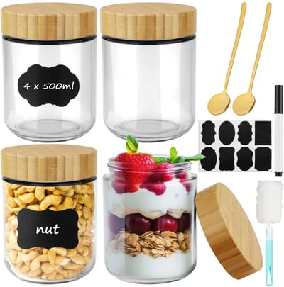 Dailygoods- Weckpotten 4-delig 500ml - Fermentatiepot - Inmaakpotten - Herbruikbare Potten - Luchtdichte Potten - Inclusief Lepels en Etiketten - Voedselopslagpot