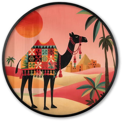 Poster in lijst Rond - Fotolijst 60x60 cm - Posters - Kameel - Gekleurd tapijt - Duinen - Rode zon - Ronde posterlijst zwart - Decoratie - Wanddecoratie woonkamer - Muurdecoratie slaapkamer