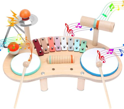 Kinder drumstel - Muziekinstrumenten set - Muzikale Ontwikkeling - 9-in-1 Houten Speelgoed - 43 x 25 cm - Natuurlijk Hout