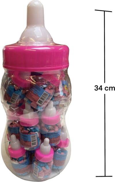 Candy Fun Bottle Feeders - Grote babyfles gevuld met 20 kleine baby flesjes - roze - Spaarpot- Geboorte versiering meisje - cadeau - snoep - traktatie