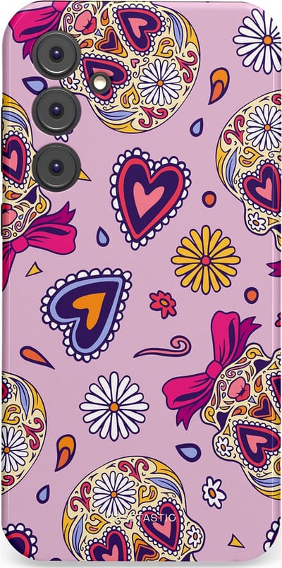 Casetastic hoesje geschikt voor Samsung Galaxy A35 - Dubbellaagse bescherming - Dia de los Muertos Doodshoofd Strik - Fashion Case - Lichtroze Lila Taupe Zilver