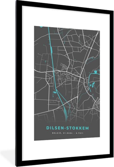 Fotolijst incl. Poster - Stadskaart – Grijs - Kaart – Dilsen Stokkem – België – Plattegrond - 60x90 cm - Posterlijst