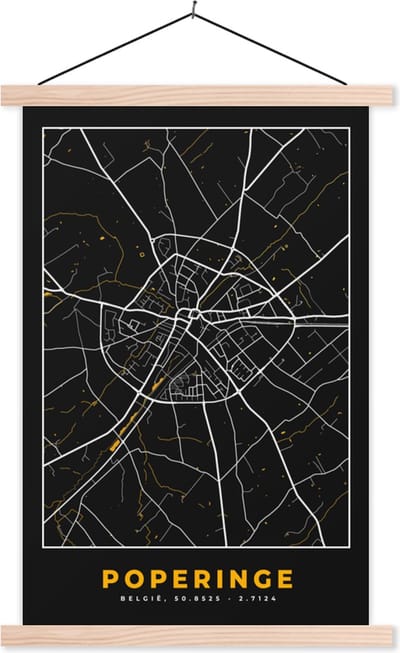 Posterhanger incl. Poster 40x60 cm - Schoolplaat - Black & gold - Poperinge - Stadskaart - Plattegrond - Kaart - Textielposter - Blanke latten - Stadskaart