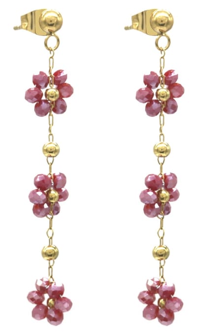 Oorbellen met Bloemen - Glaskralen - Oorhangers - RVS - 5 cm - Rood