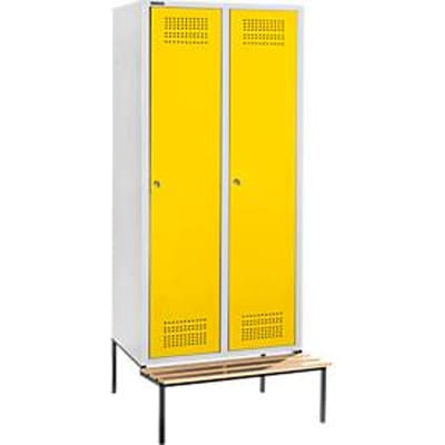 Schäfer Shop Genius Kledinglocker met zitbank, 2 compartimenten, 300 mm compartimentbreedte, cilinderslot, lichtgrijs/geel