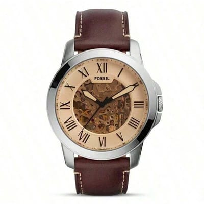 Montre Automatique Fossil Grant pour Homme, Disque Évidé, Bracelet en Cuir, Style Rétro Décontracté, Adaptée au Port Quotidien, Cadeau pour Homme ME3122 marron