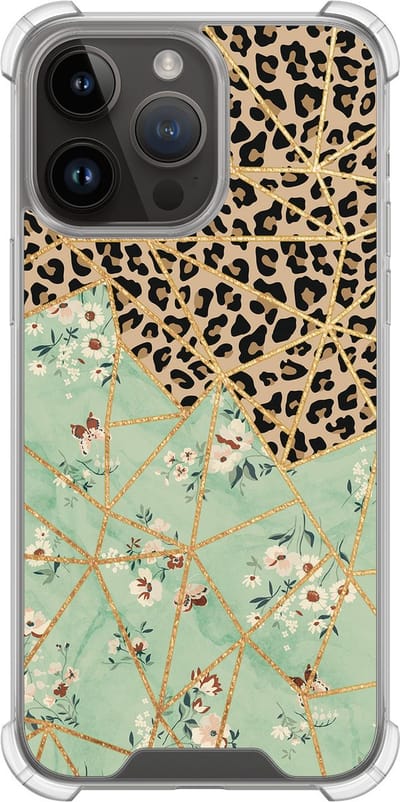 Shockproof hoesje - Geschikt voor iPhone 14 Pro Max - Luipaard bloemen print - Extra sterke case - TPU/polycarbonaat - Print / Illustratie - Bruin, Transparant