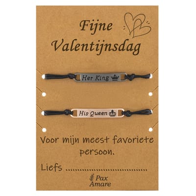 Koppel Armbandjes voor 2 "Fijne Valentijnsdag" - His Queen Her King - Vriendschapsarmbandjes met Persoonlijk Cadeau Kaartje - Zwart & Rosé Goud - Elastisch Verstelbaar - Pax Amare